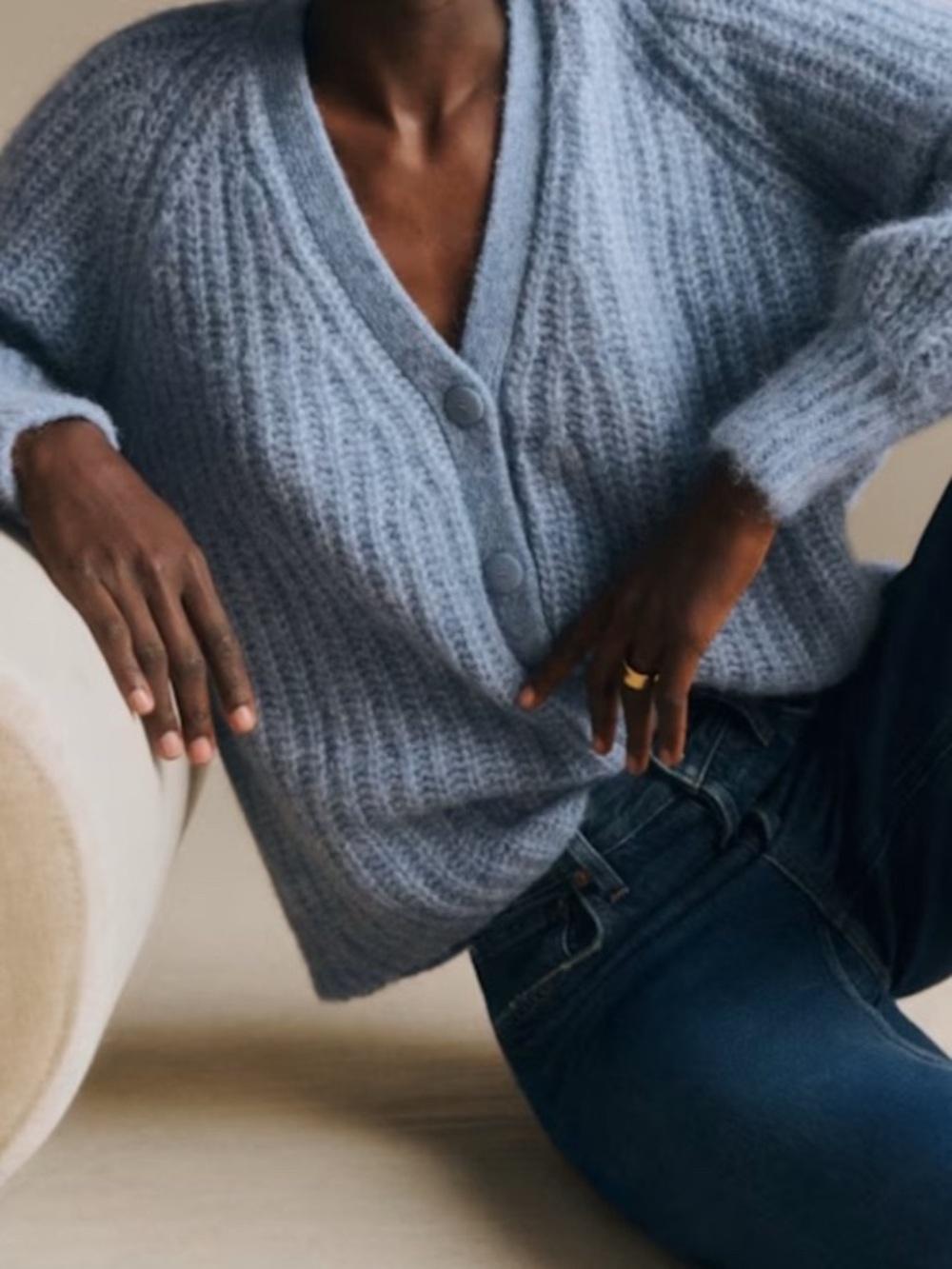 Sezane Bazile Light Blue Chunky V-Neck Mohair Button Cardigan